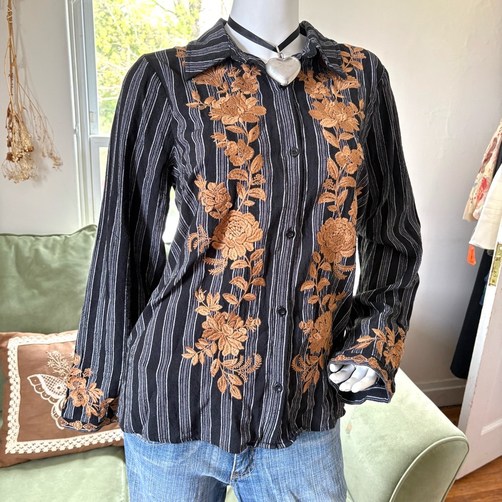 Savanna Jane Black Striped Button Down Shirt with Tan Floral Embroidery